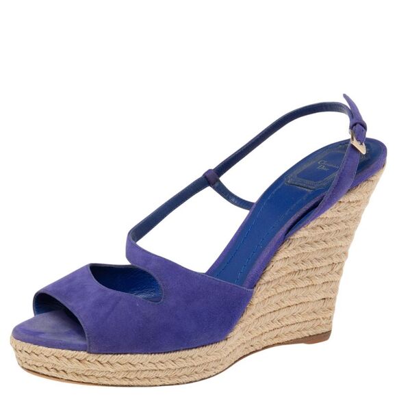 Dior Blue Suede Espadrille Platform Wedge Open Toe Ankle Strap Sandals Size 41 - Picture 1 of 4